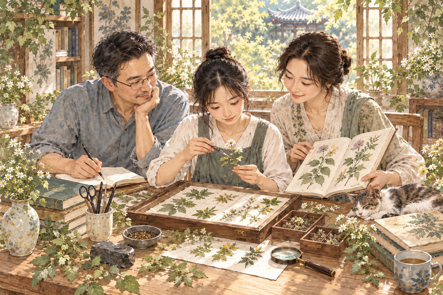 家庭共同观察植物、记录与讨论的插画