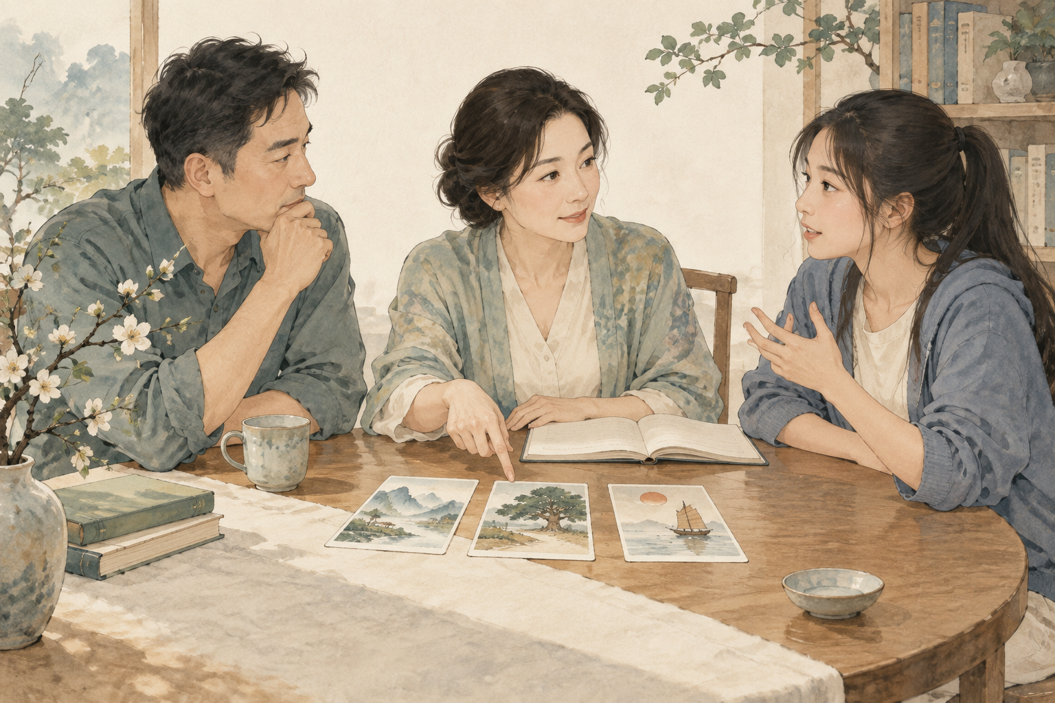 家长倾听孩子的想法,共同讨论选择的插画