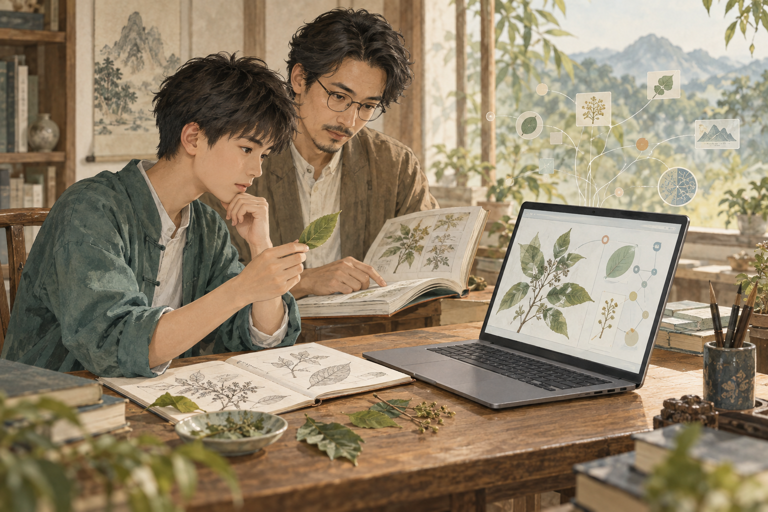 青少年借助 AI 整理信息,并对照实物与书籍核验的插画